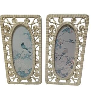 Vintage Syroco MCM Plastic Ratan Look Framed Bird Art Set of 2 USA